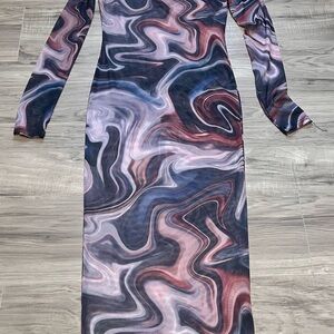 AKIRA Swirl Long Sleeve Dress - Black, Pink, Purple